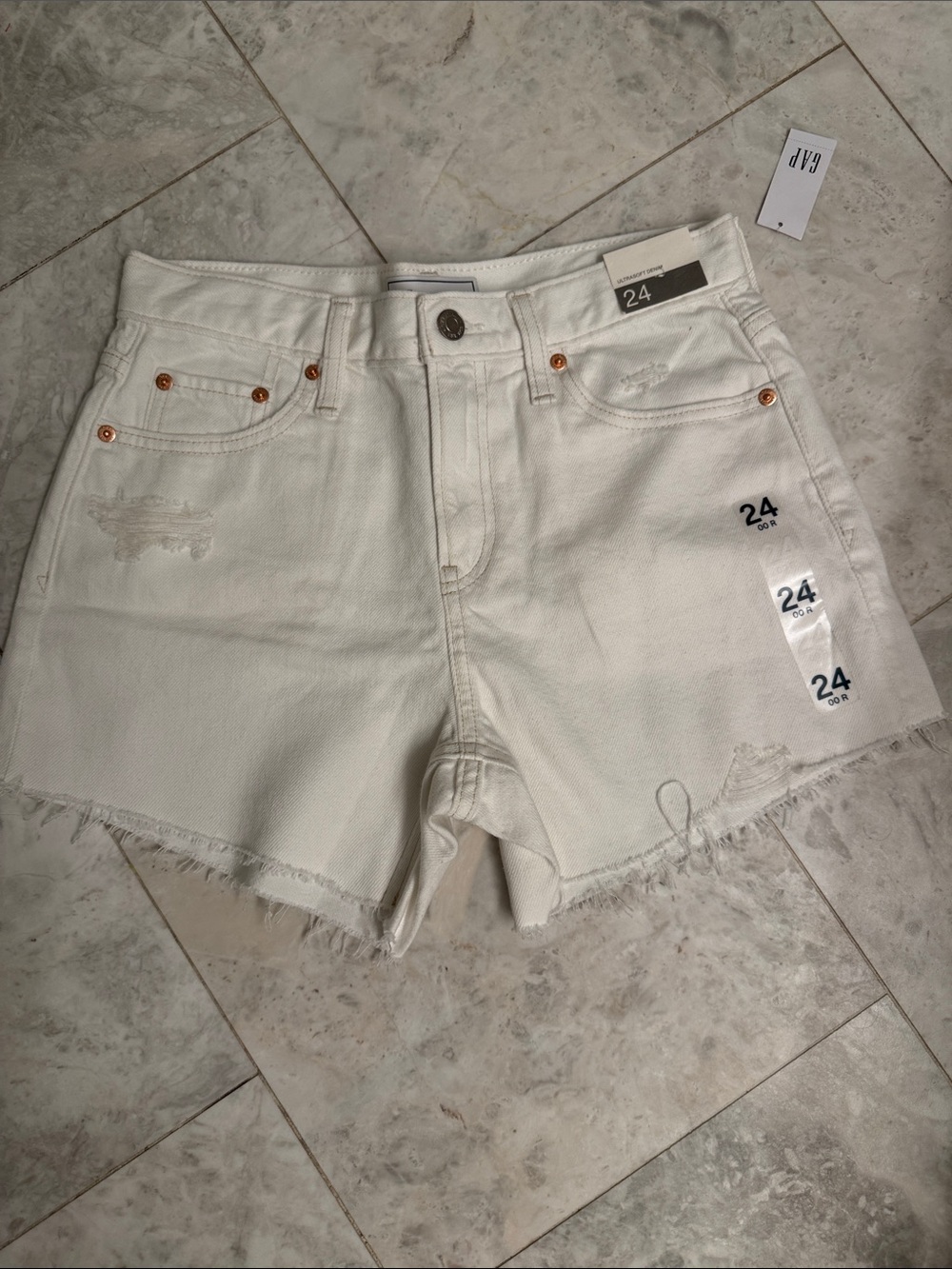 GAP White High-Rise Distressed Denim Shorts